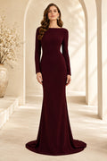 Evening Gown Burgundy Jersey Mermaid Bateau Neck Long Sleeve Sweep Train front view