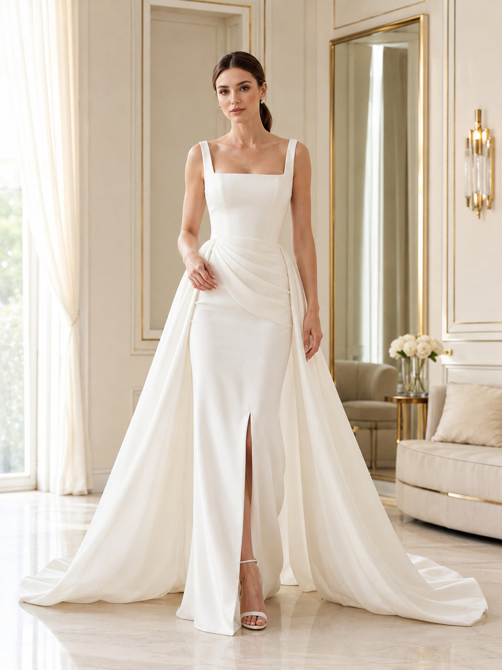 Satin Wedding Dress A-Line Square Neck Sleeveless Court Train with Slit Bridal Gown front view