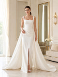 Satin Wedding Dress A-Line Square Neck Sleeveless Court Train with Slit Bridal Gown front view