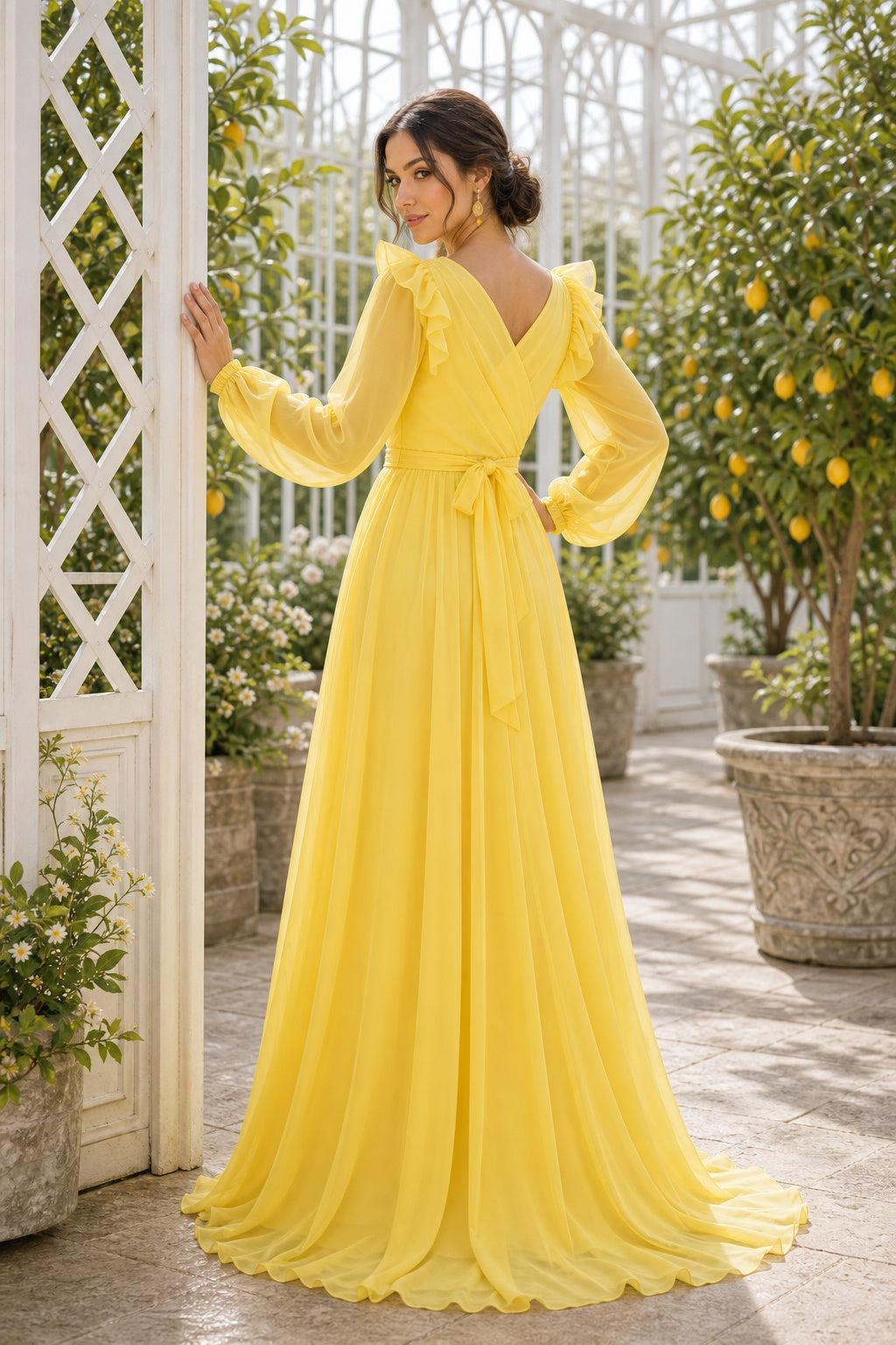 Yellow V-neck Long Sleeve A-Line Chiffon Floor-Length Dress With Flutter Sleeves