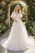 Ivory Short Sleeve Lace A-Line Wedding Dress with Illusion Back and Train front view
