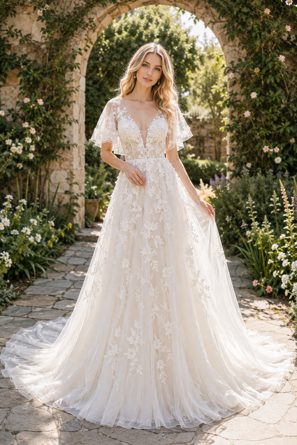 Ivory Short Sleeve Lace A-Line Wedding Dress with Illusion Back and Train front view