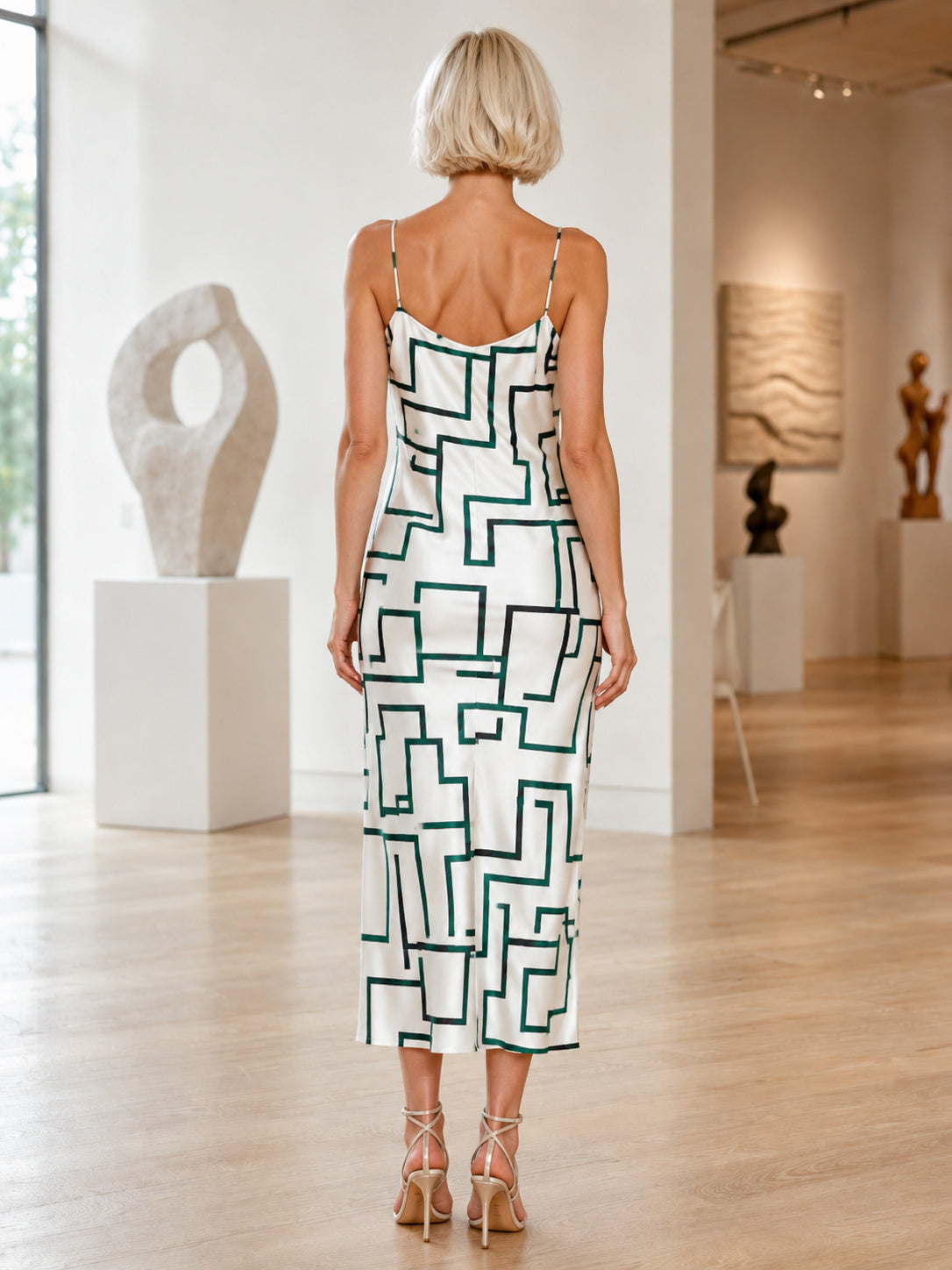 Green Maze Graphic Strapless Bodycon Midi Cocktail Dress back view