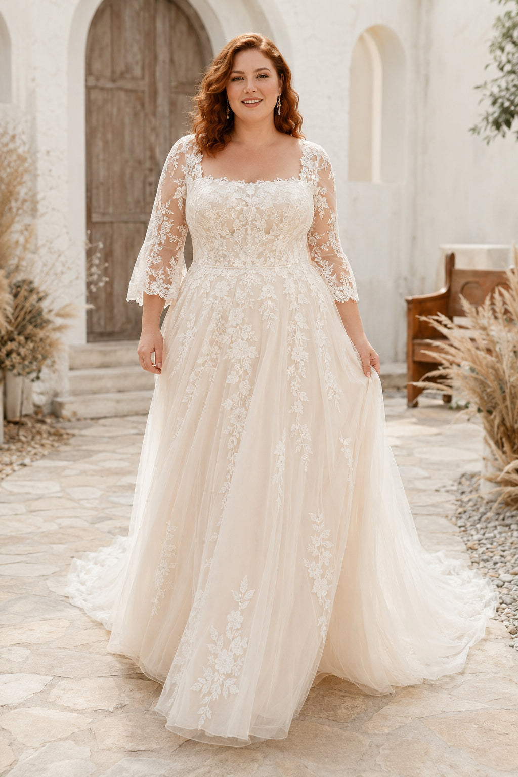 Plus Size Square Neck Long Sleeve Lace A-Line Wedding Dress with Chapel Train front view
