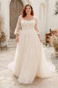 Plus Size Square Neck Long Sleeve Lace A-Line Wedding Dress with Chapel Train front view