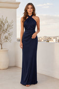 Dark Navy Halter Sheath Floor Length Bridesmaid Dress for Bridesmaids Wedding Guests and Formal Receptions front view