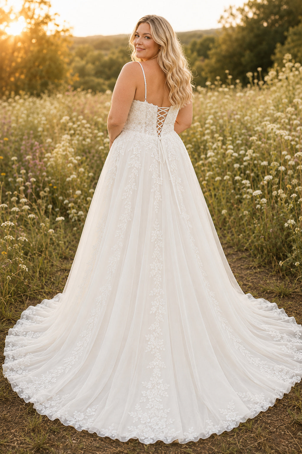 Plus Size Ivory Sweetheart Sleeveless Lace Tulle A-Line Wedding Dress with Corset Back and Lace Chapel Train back view