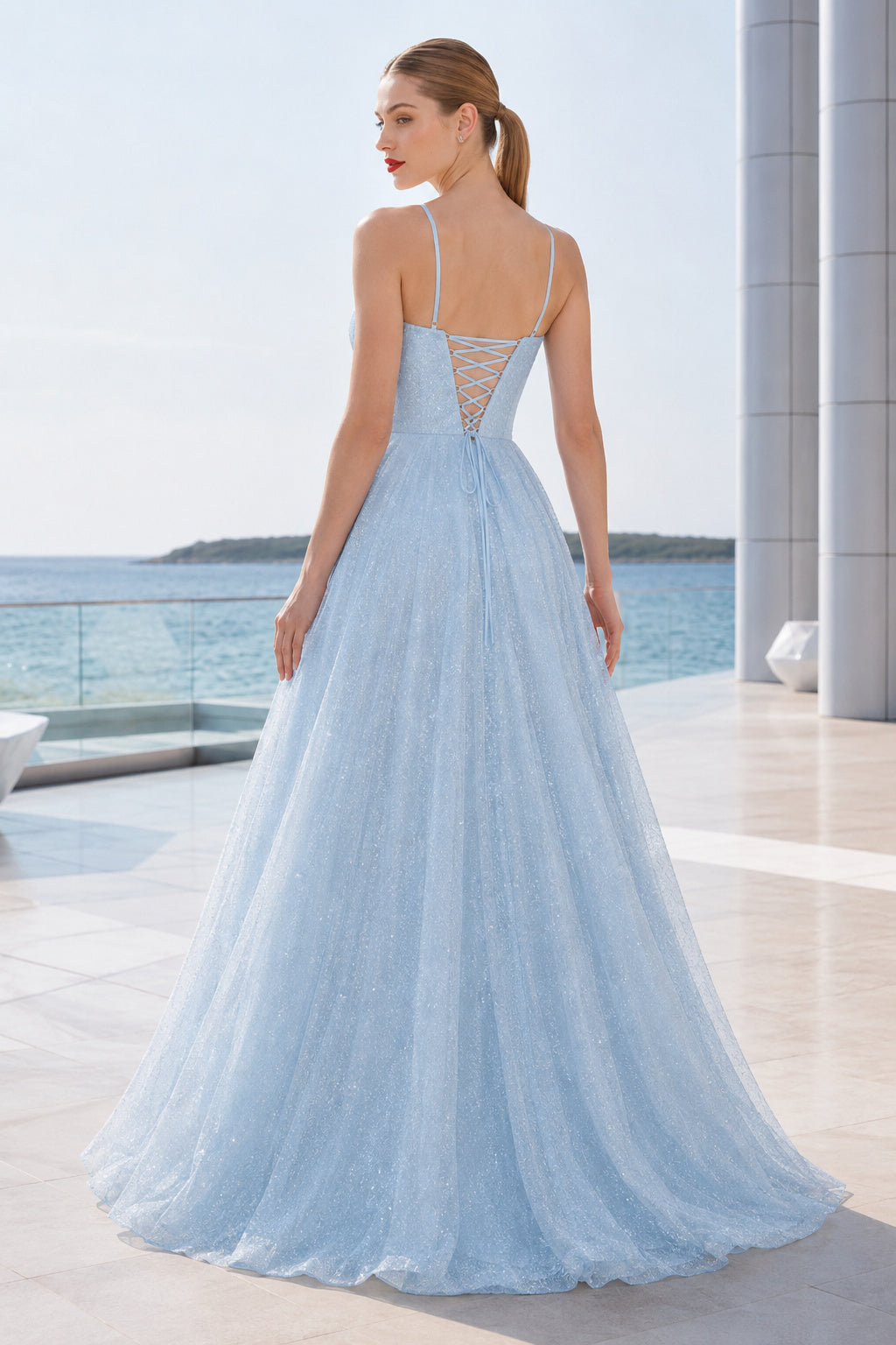 Sky Blue Spaghetti Strap Glitter Tulle A-Line Prom Dress with Slit back view