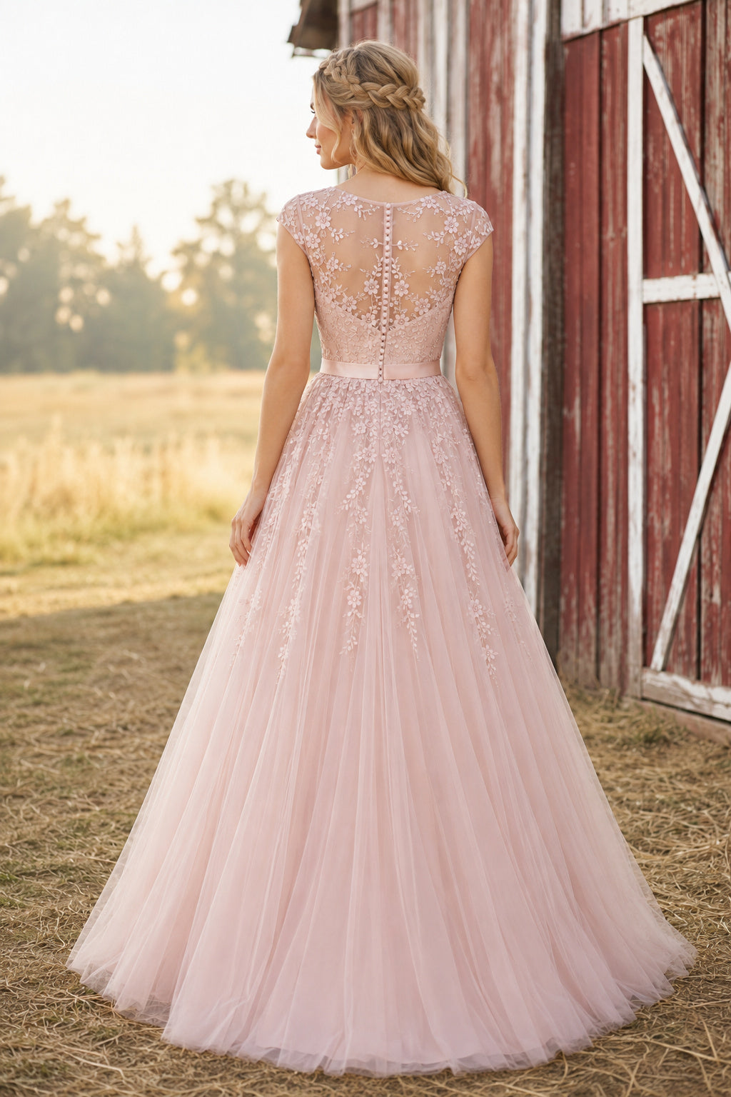 Blushing Pink Illusion Lace Applique Bodice with Full Tulle Skirt Floor Length A-Line Prom Dress back view