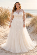 Ivory Plus Size High Neck Illusion Lace A-Line Wedding Dress with Long Sleeves and Train Style MG_700583 front view