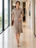 Taupe Short Sleeve Shirt Dress Belted Business Casual Midi front view