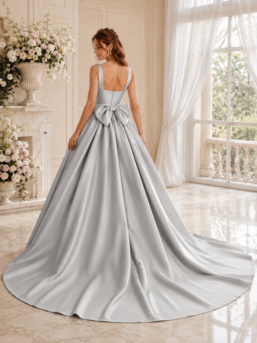 Silver Strapless Satin Ball Gown Back Bow Luxury Wedding Dress back view