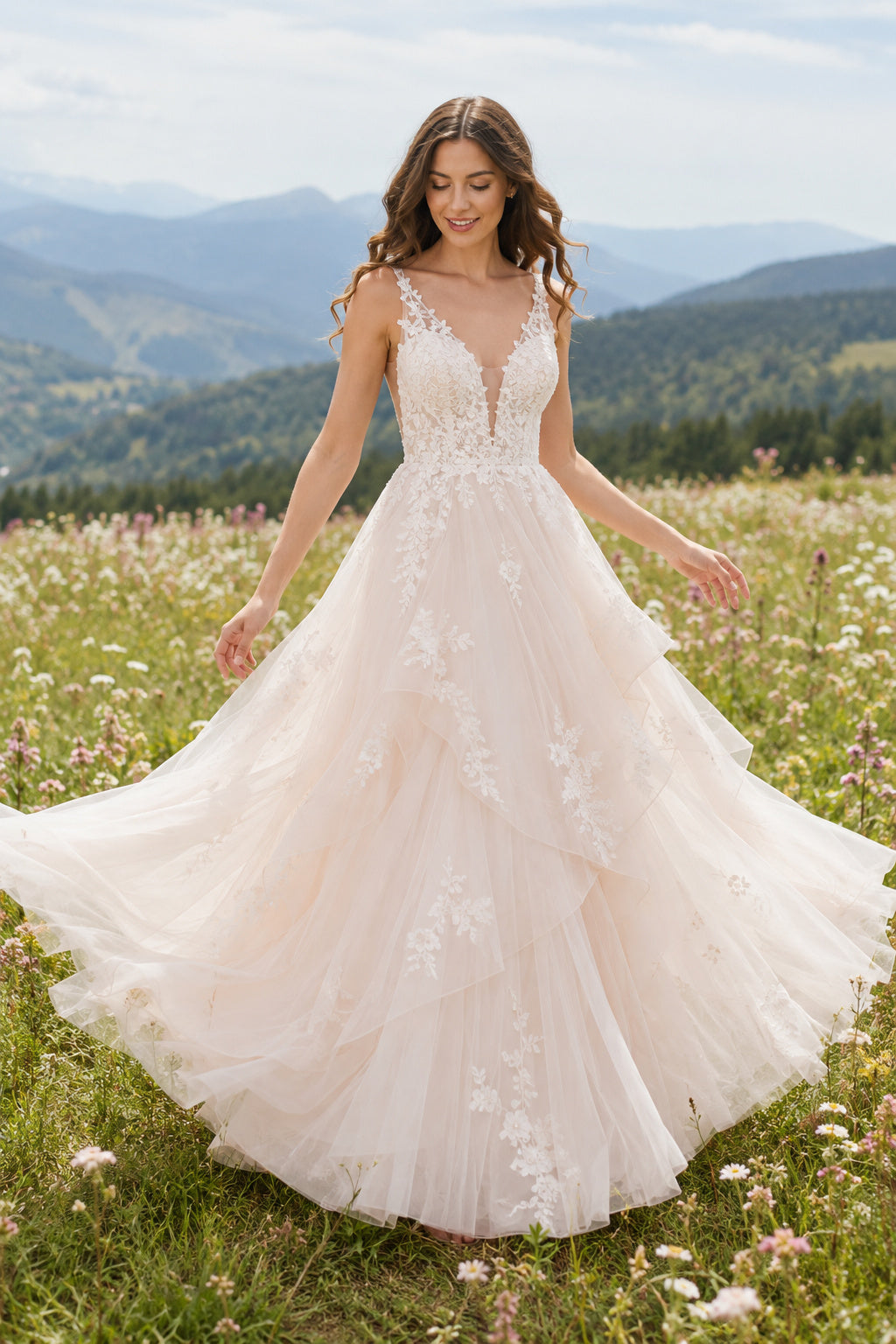 Blush V-Neck Strap A-Line Wedding Dress with Tulle Skirt and Floral Appliques for Rustic Garden Ceremony front view