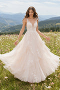 Blush V-Neck Strap A-Line Wedding Dress with Tulle Skirt and Floral Appliques for Rustic Garden Ceremony front view