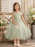 A-Line Sage Tulle Flower Girl Dress Jewel Neckline Tea-length and A Satin Sash And Bow Accent front view