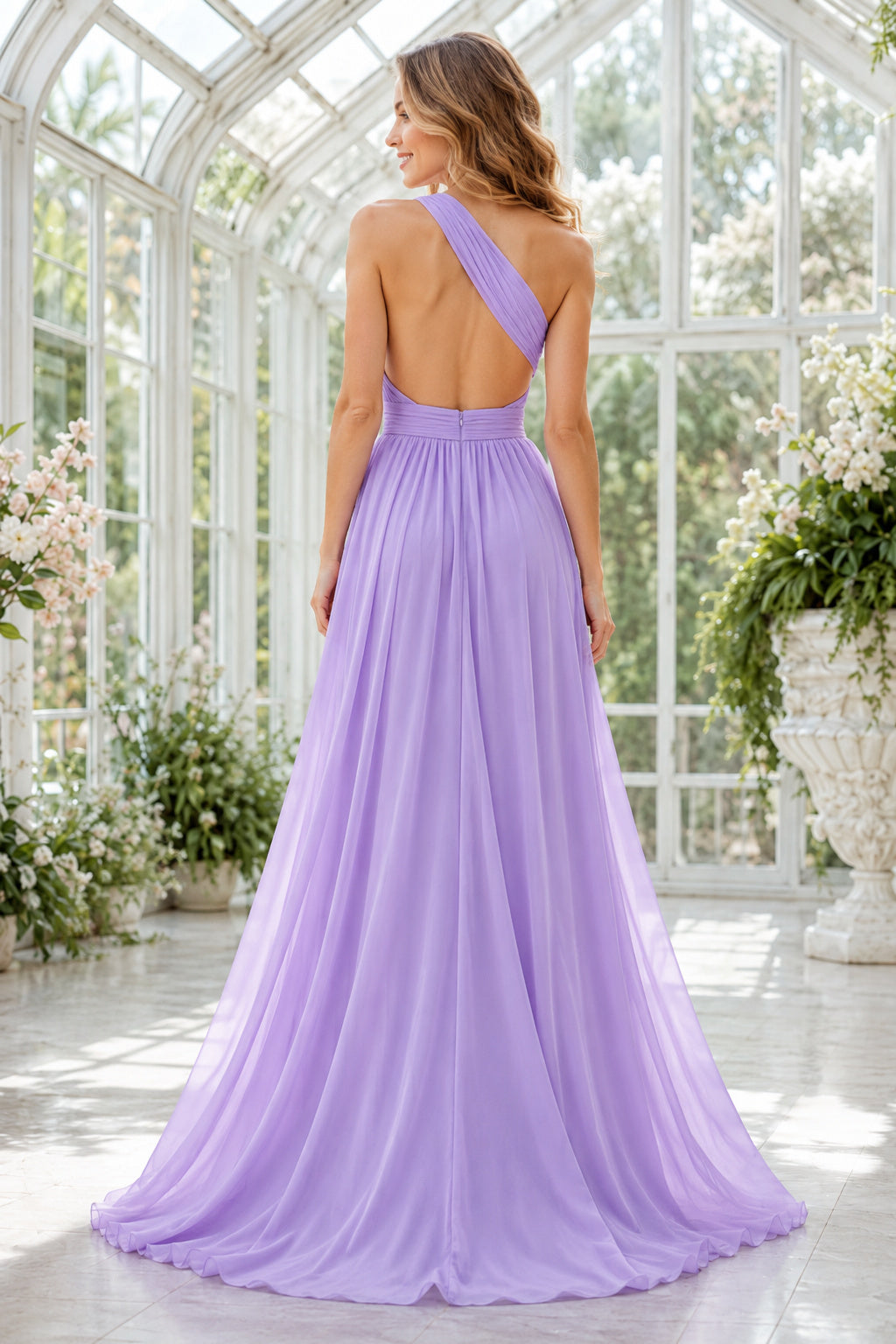 Lavender one shoulder chiffon A line dress with pleated bodice and flowing skirt Floor-length A-Line Bridesmaid Dress back vi