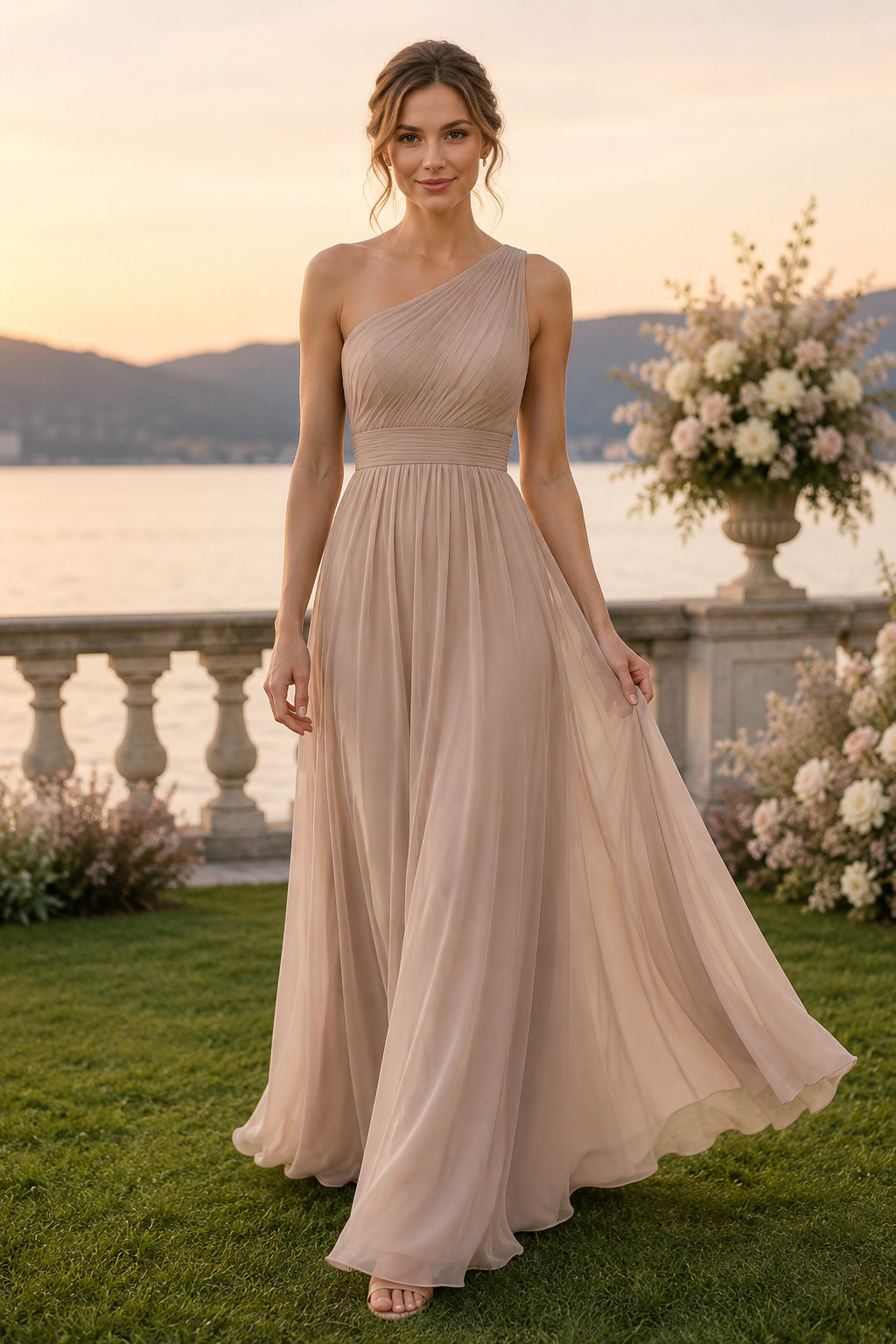 Champagne One-Shoulder Tulle A-Line Wedding Dress with Pleated Bodice and Flowing Skirt front view