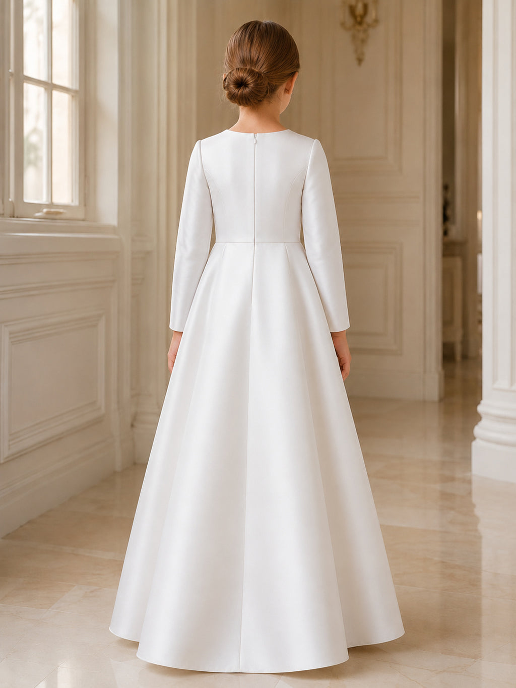 White Satin A-Line Flower Girl Dress with Long Sleeve, Jewel Neck, Floor-Length Skirt back view
