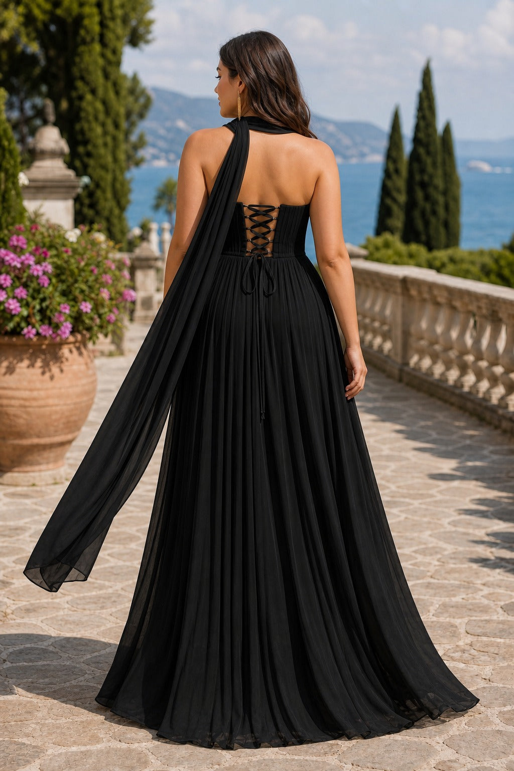 Black Strapless Floor-Length Chiffon A-Line Dress with Cape