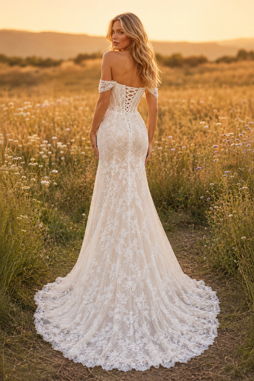 Ivory Off Shoulder Lace Mermaid Wedding Dress Split Chapel Train for Wedding Ceremony and Reception Style MG_701416 back view