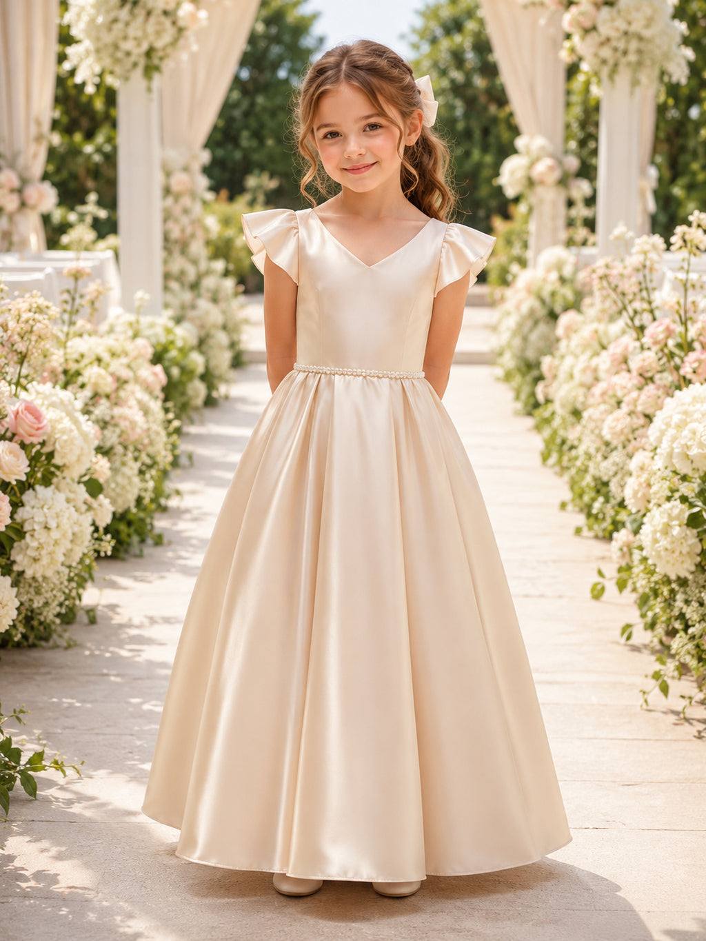 Champagne Elegant Romantic Formal Satin V-Neck Petal Sleeve Beaded Waist Floor-Length A-Line Flower Girl Dress front view