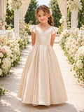Champagne Elegant Romantic Formal Satin V-Neck Petal Sleeve Beaded Waist Floor-Length A-Line Flower Girl Dress front view
