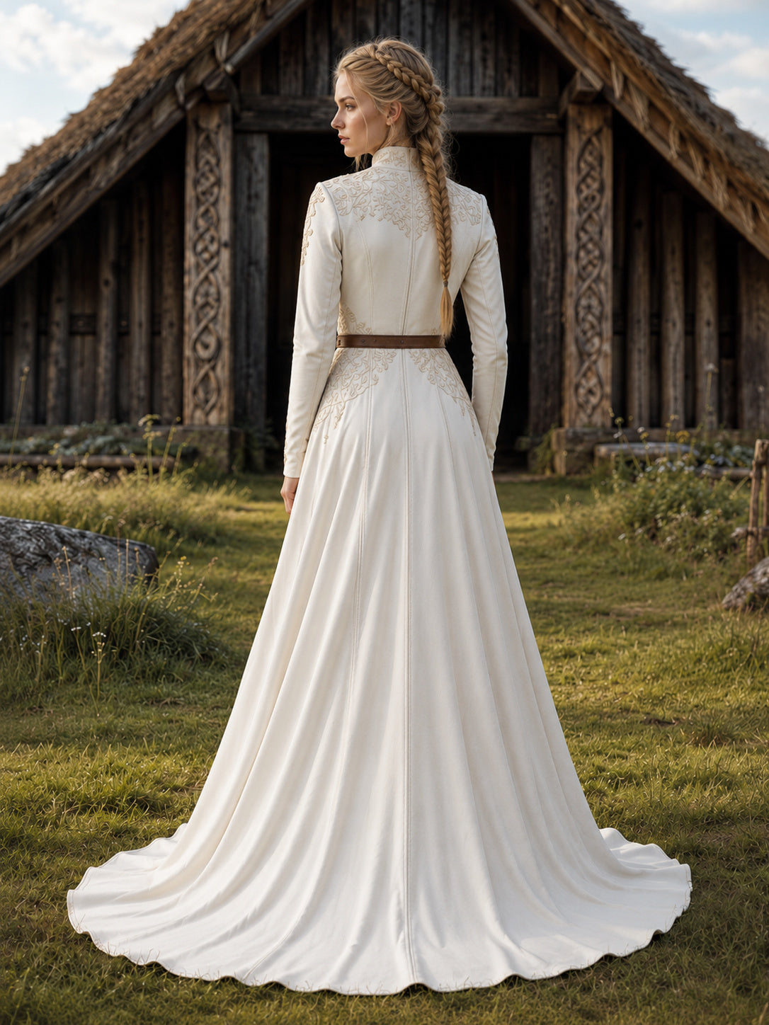 Viking Inspired High Neck Long Sleeve Satin A-Line Sweep Train Modest Nordic Wedding Gown back view