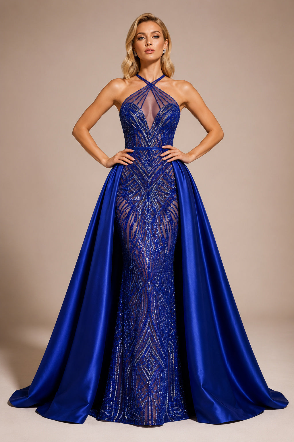 Royal Blue Halter Beaded Prom Dress Removable Satin Overskirt for Prom and Formal Events front view