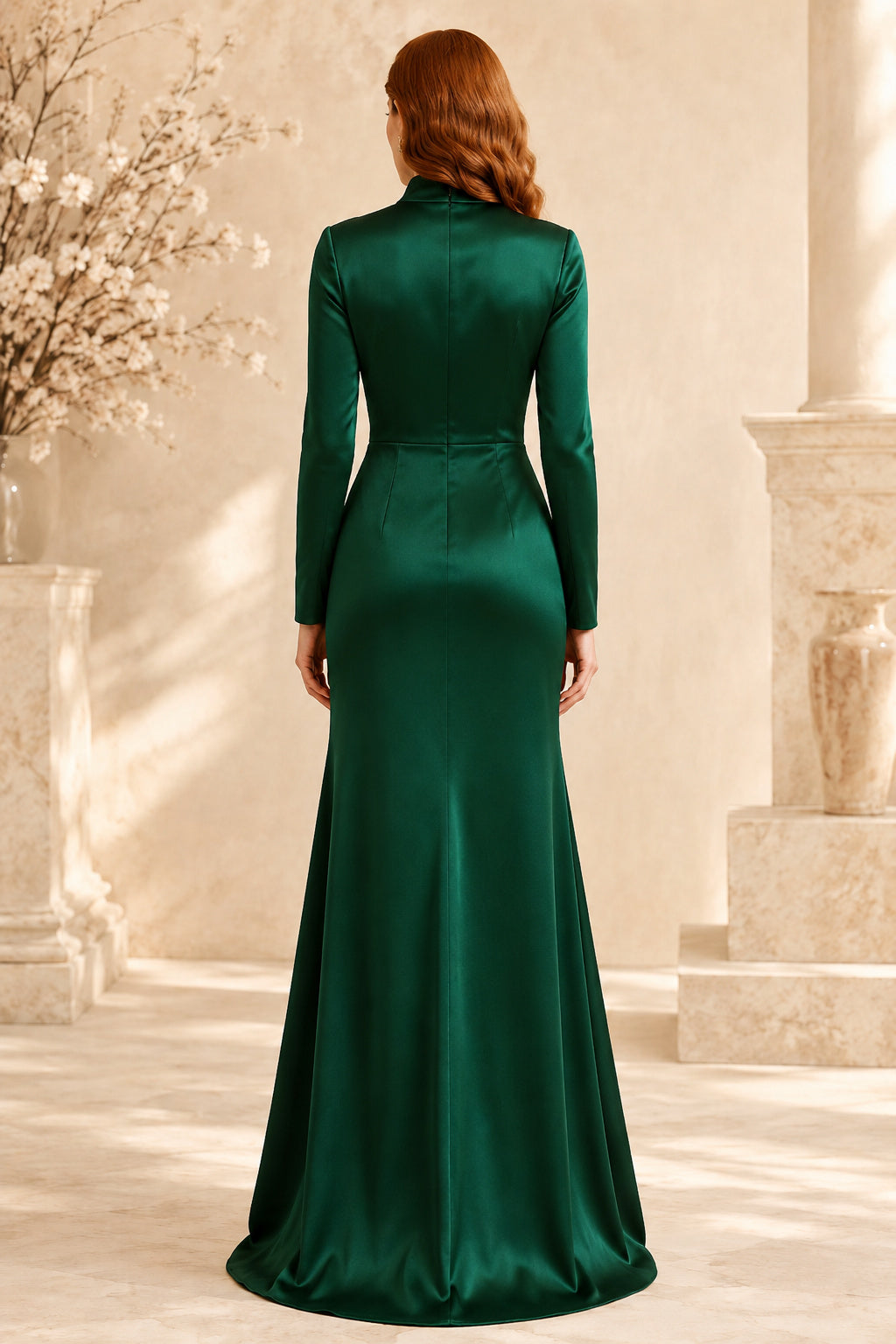 Dark Green High Neck Satin Mermaid Formal Dress with Long Sleeves and Ruched Waist back view