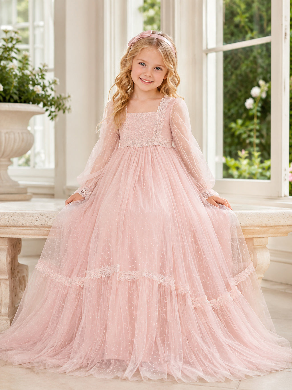Blush Tiered Tulle A-Line Flower Girl Dress with Low Back and Floor-Length Skirt front view