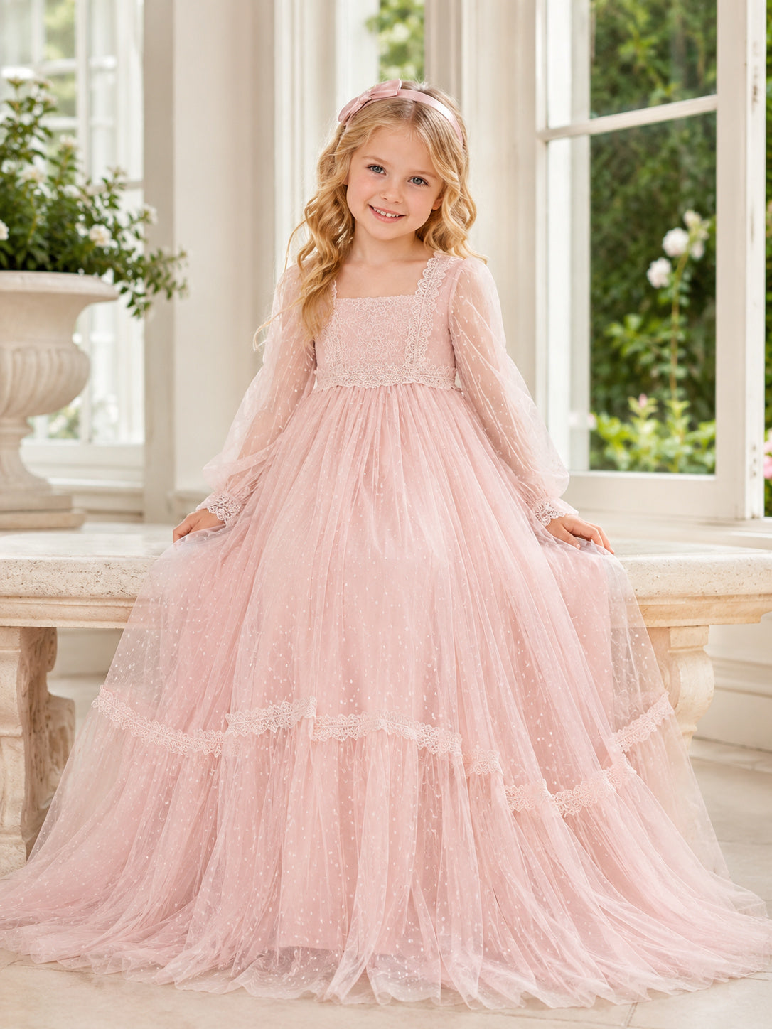 Blush Tiered Tulle A-Line Flower Girl Dress with Low Back and Floor-Length Skirt front view