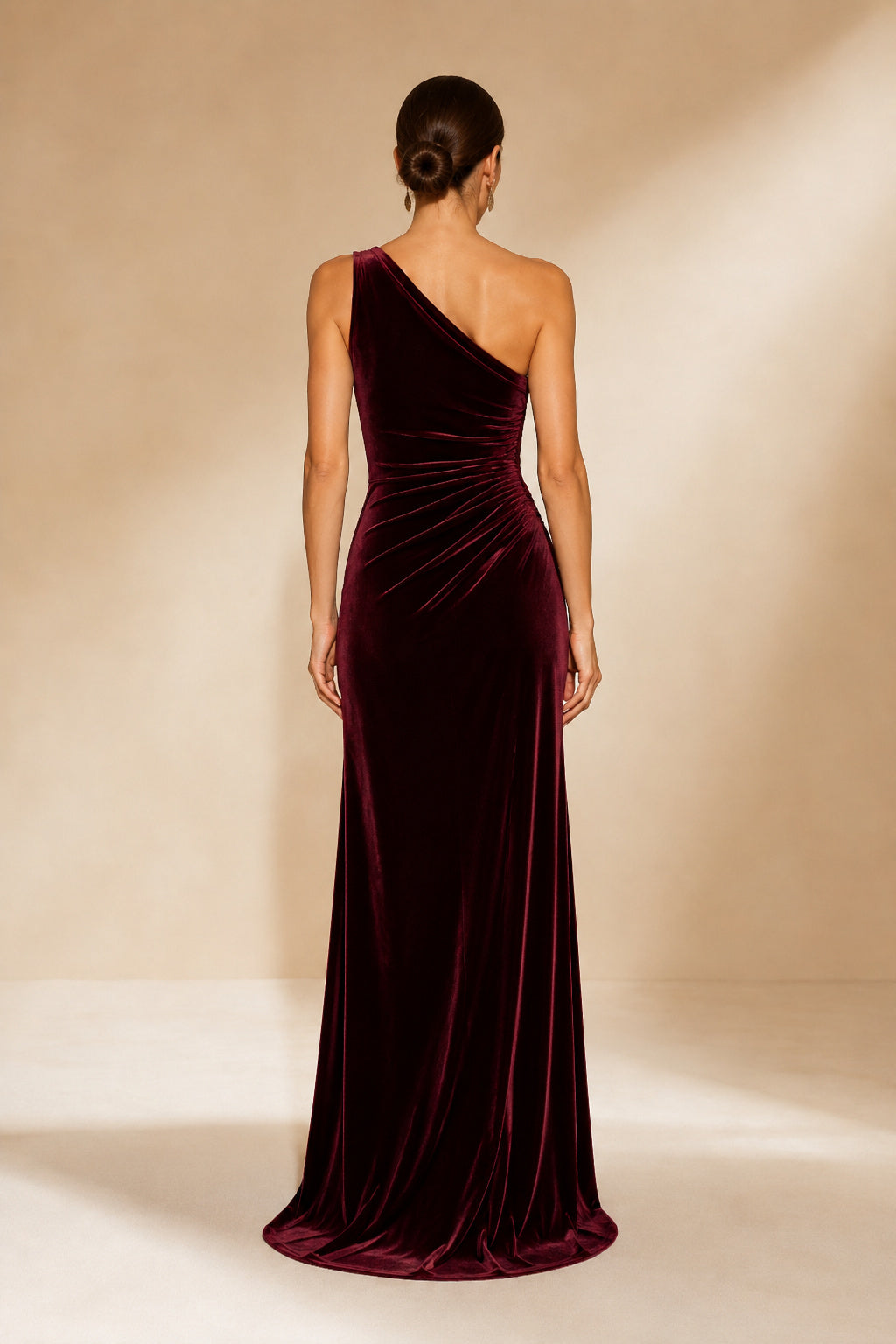 Burgundy One-Shoulder Velvet Sheath Evening Dress with Thigh Slit back view