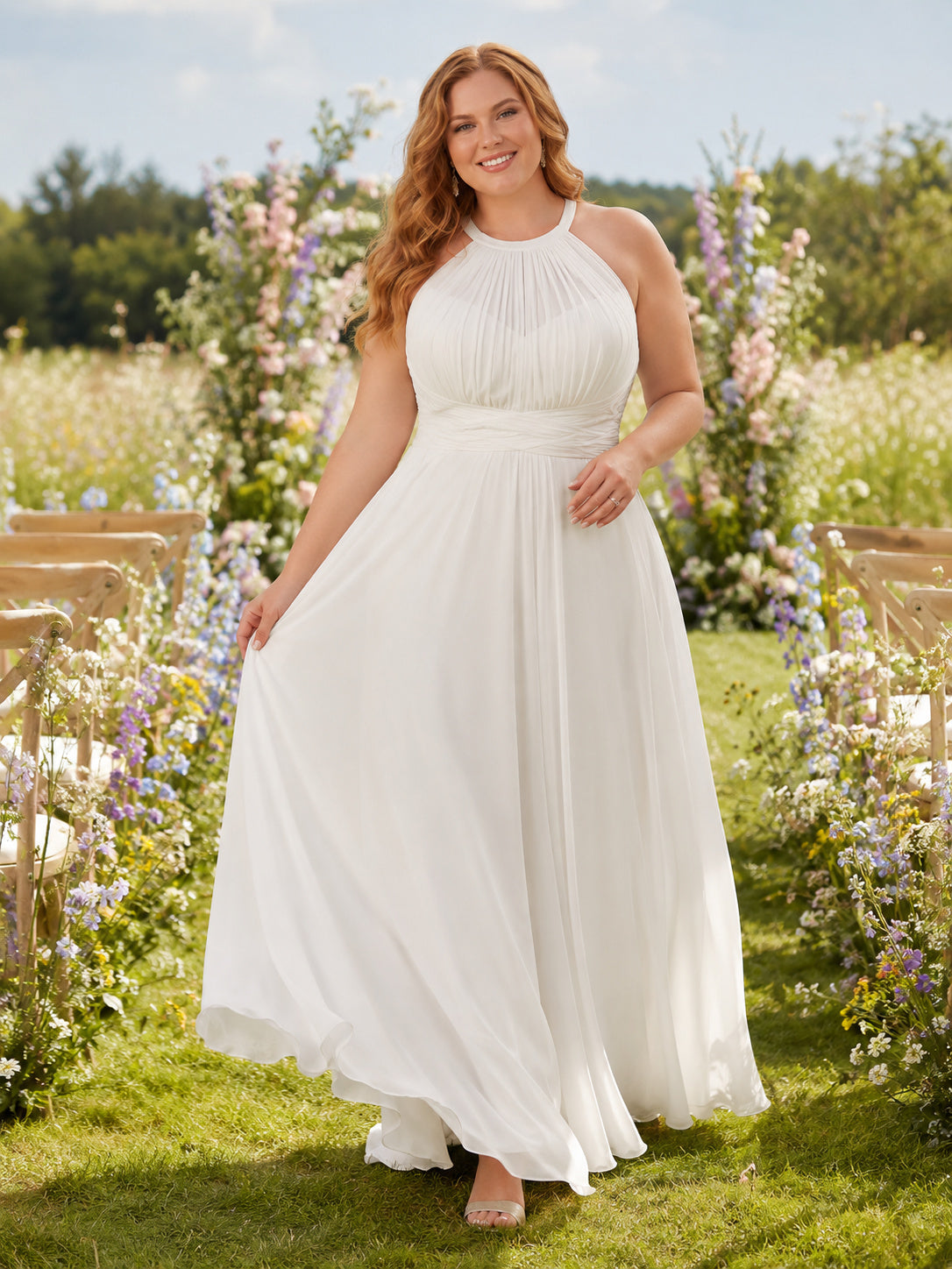 Plus Size High Neck Halter Chiffon Garden Bridal Gown front view