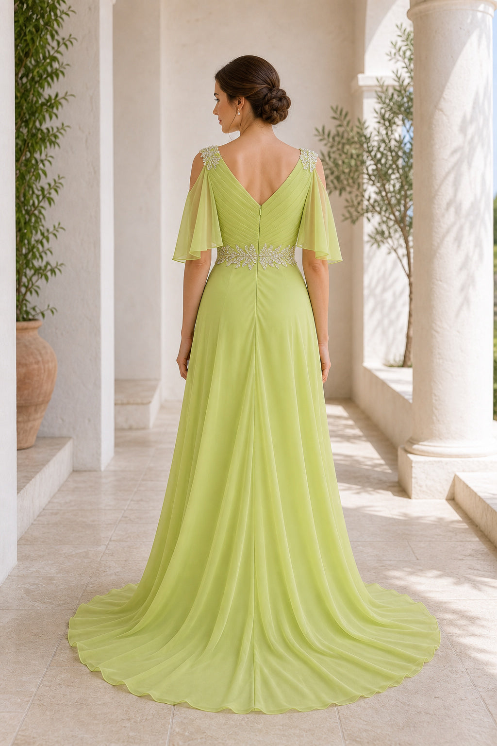 Lime Bateau Flutter Sleeve A-Line Chiffon Floor-Length Dress With V-back