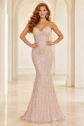 Champagne Strapless Beaded Mermaid Evening Dress for Evening and Formal Events front view