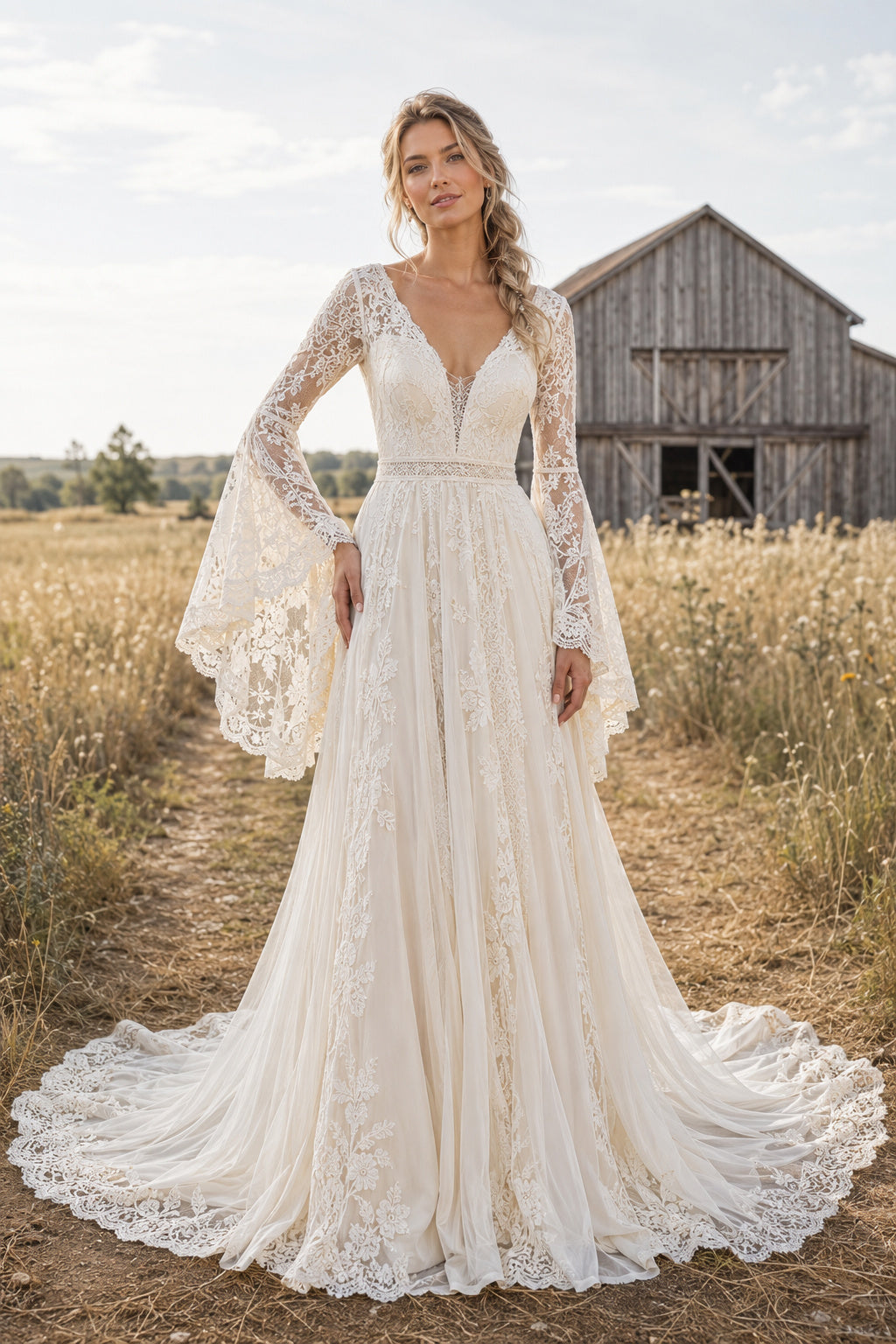 Ivory Long Bell Sleeve Lace A-Line Wedding Dress with Plunging V-Neck front view