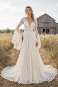 Ivory Long Bell Sleeve Lace A-Line Wedding Dress with Plunging V-Neck front view