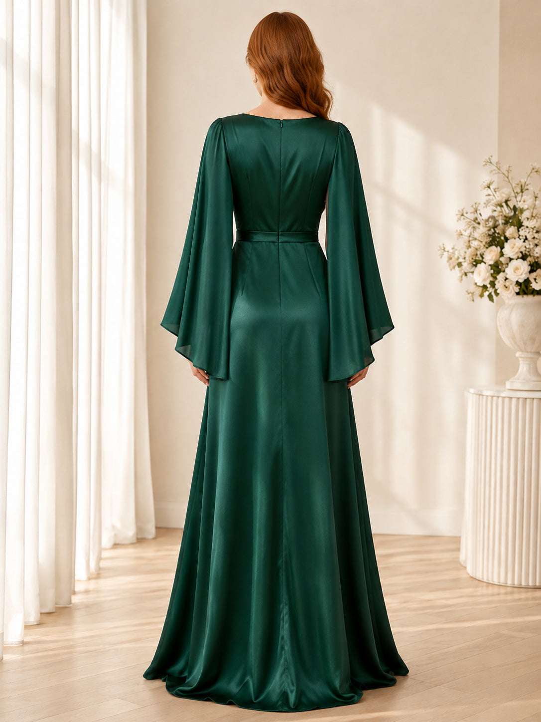 Dark Green V-Neck Long Cape Sleeve Satin A-Line Floor Guest Gown back view