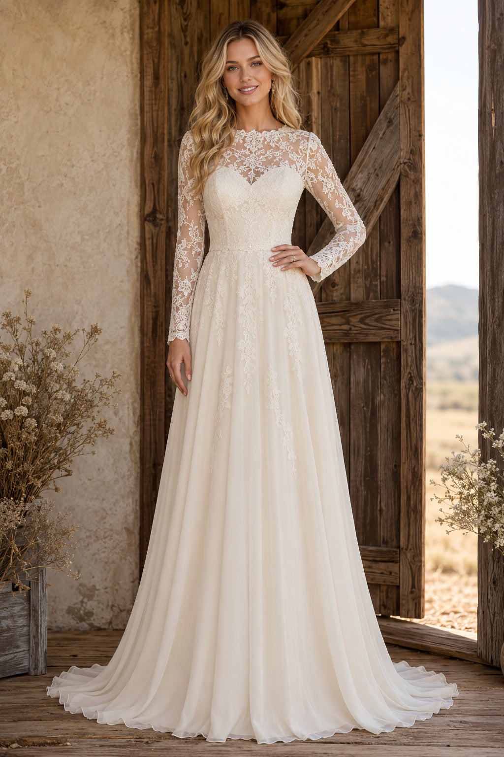 Ivory Romantic Sweetheart Illusion A-Line Chiffon Lace Wedding Dress with Long Lace Sleeves and Sweep Train front view