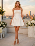 Modern Square Spaghetti Satin A Line Mini Civil Reception Wedding Dress front view