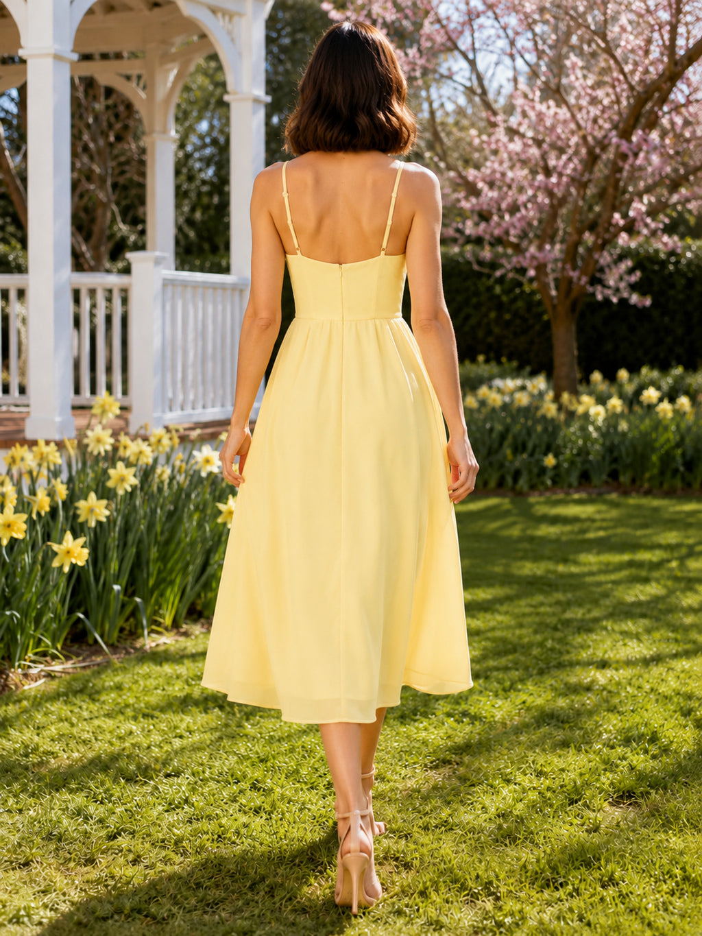 Pastel Yellow Sweetheart Strap A Line Tea Length Dress back view