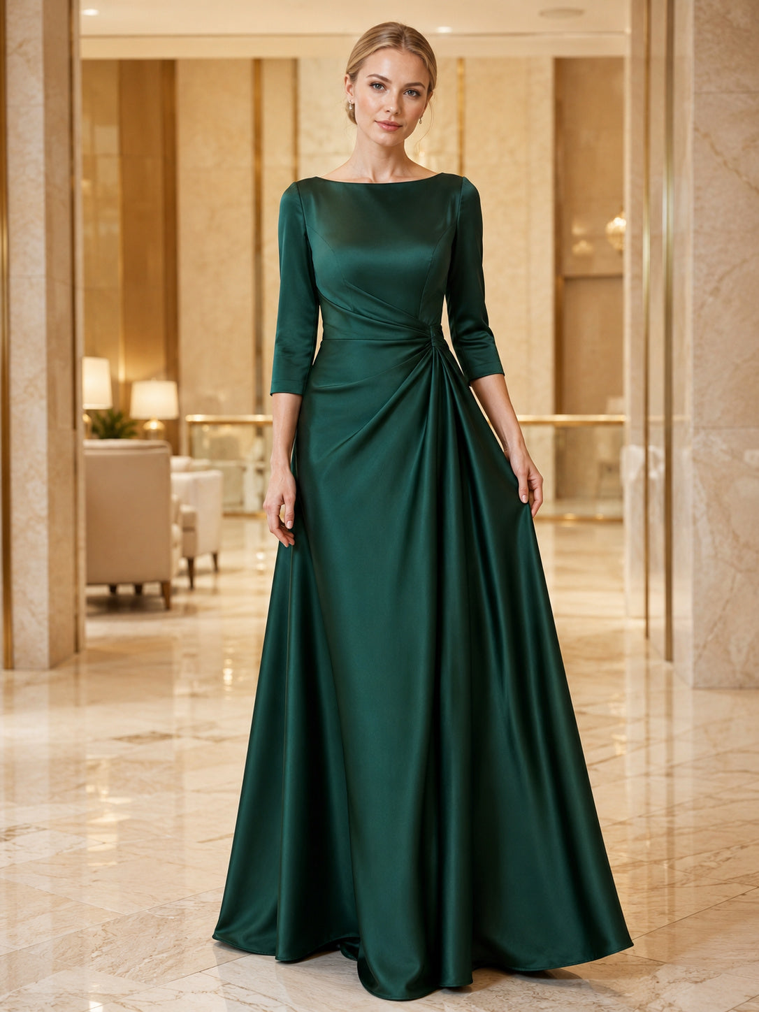 Dark Green Modest Bateau Long Sleeve A-Line Dress front view