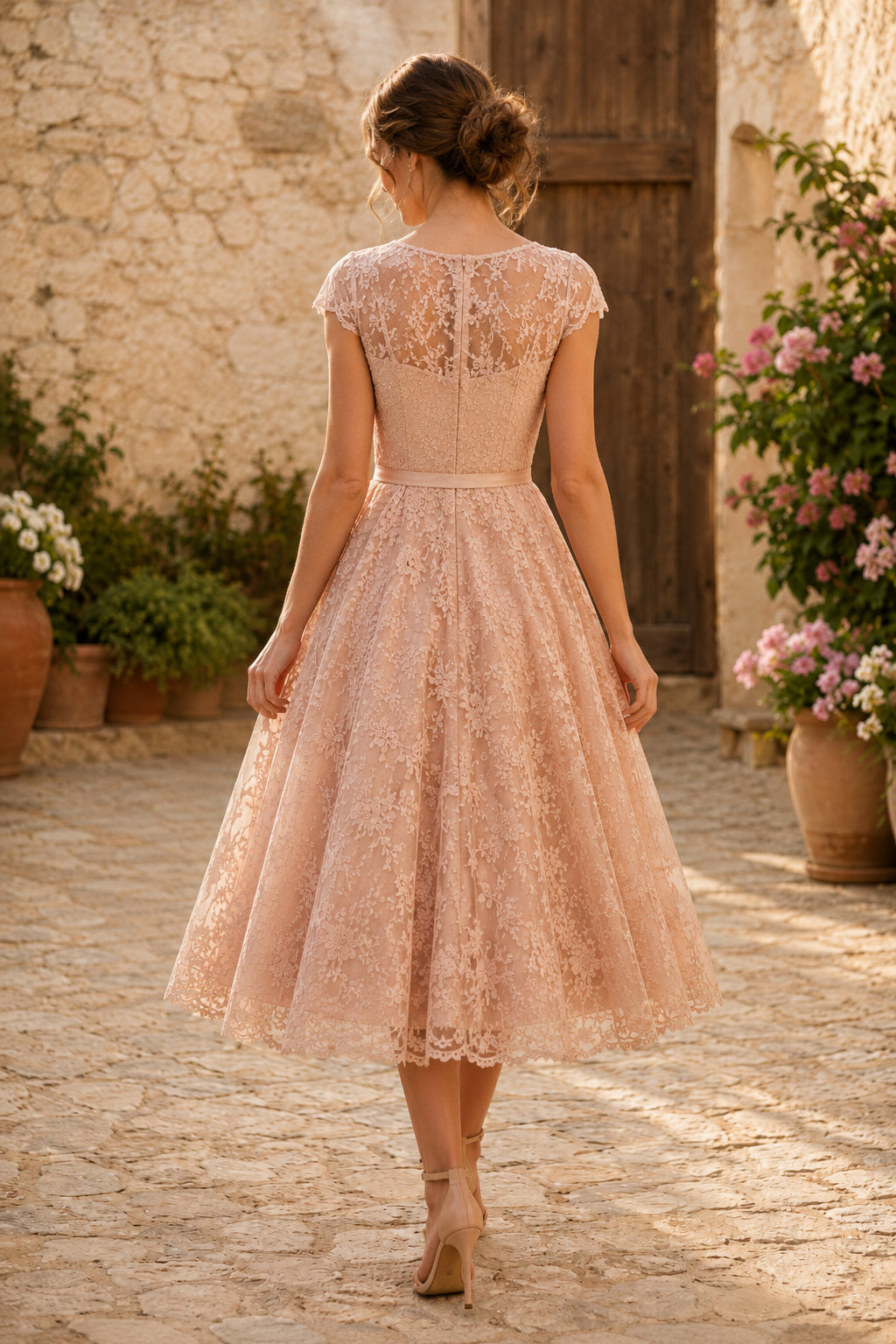 Blushing Pink Lace Cap Sleeve Tea-Length Wedding Dress with Full Skirt back view
