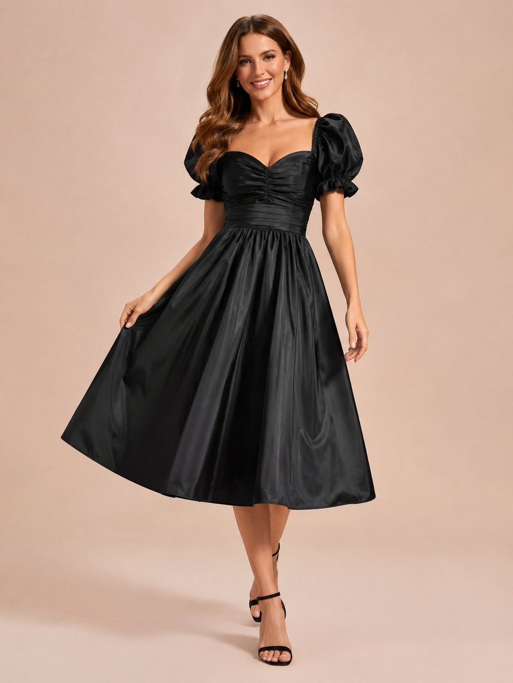 Black sweetheart puff sleeve taffeta tea length cocktail dress front view