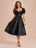 Black sweetheart puff sleeve taffeta tea length cocktail dress front view