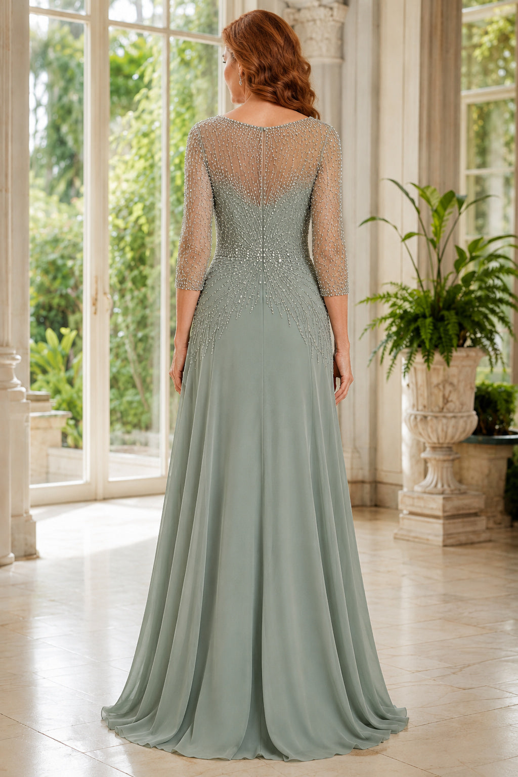 Sage Bateau A-Line Mother Dress with Illusion Long Sleeves and Chiffon Skirt for Evening Reception back view