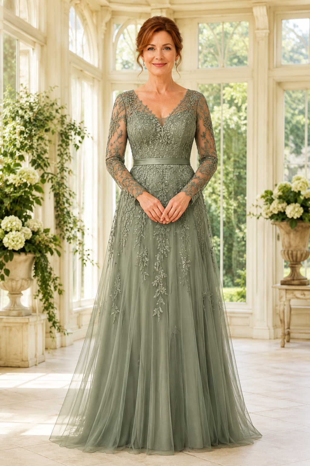 Sage Long Sleeve Tulle A-Line Mother Dress with Lace Illusion Bodice front view