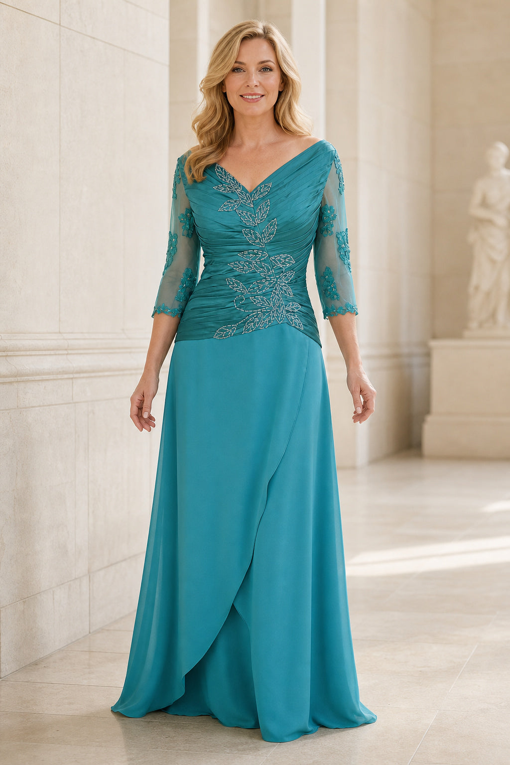 Turquoise V-neck Three-Quarter Sleeve A-Line Chiffon Floor-Length Dress With Lace Bodice