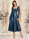 Peacock Square Neck Iridescent Long Sleeve A Line Midi Guest Dress front view
