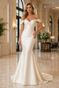 Ivory Off-the-Shoulder Satin Mermaid Wedding Dress with Sweetheart Neck and Sweep Train front view